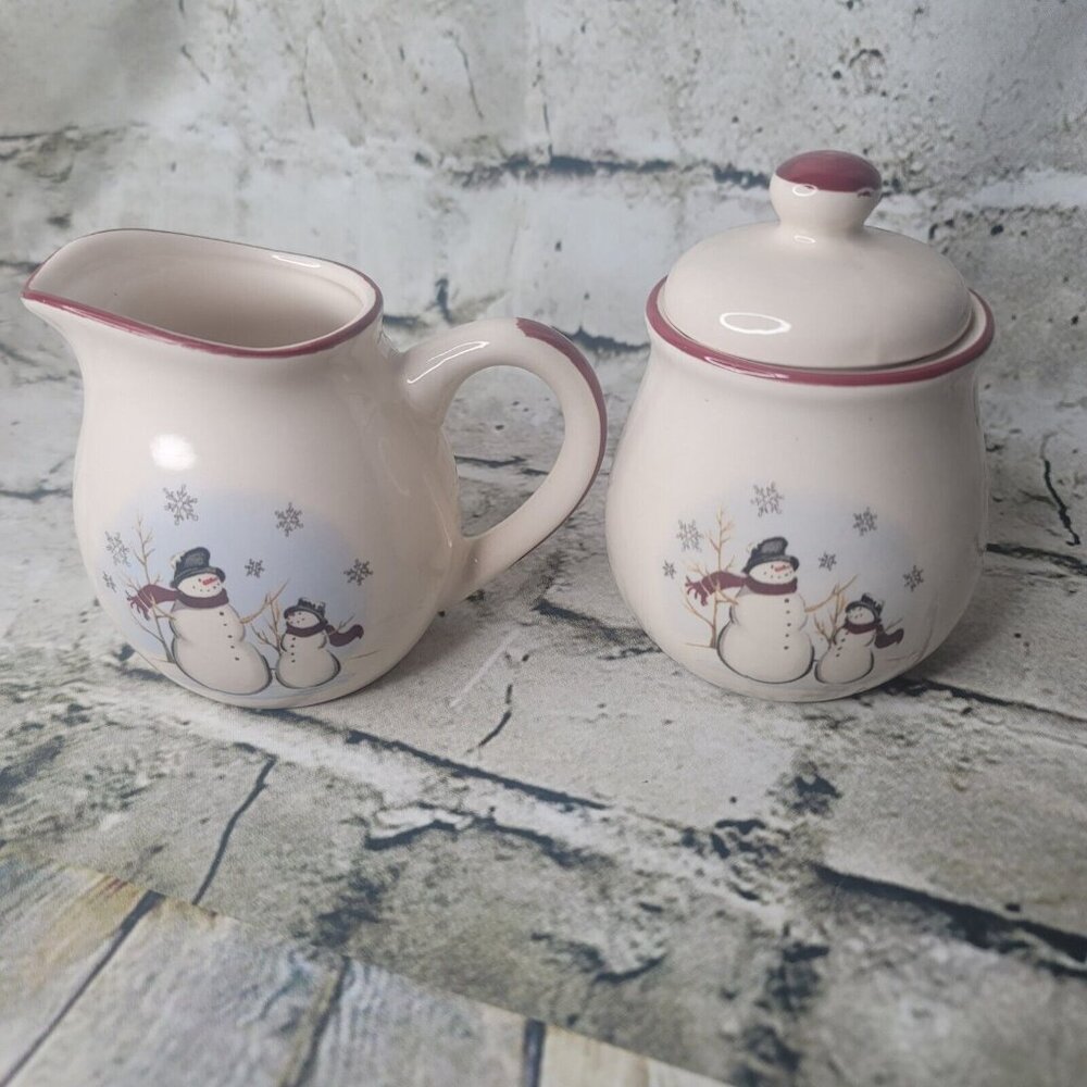 Royal Seasons Stoneware Snowman Creamer Sugar Bowl with Lid Christmas Holiday